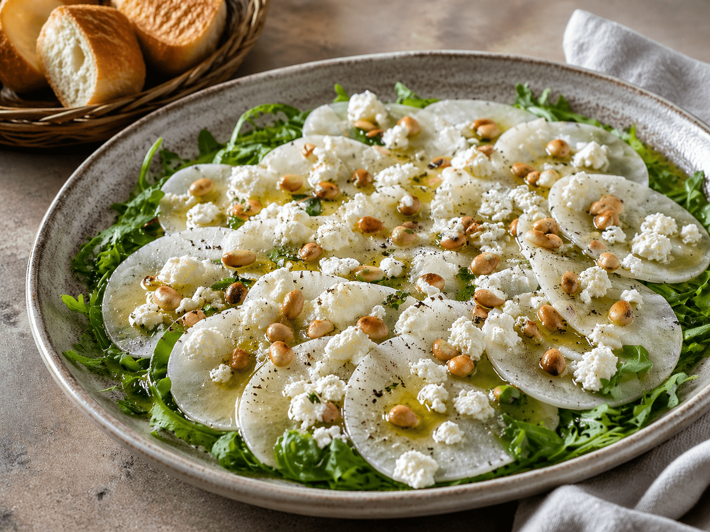 Mairübchen-Carpaccio liegt angerichtet auf einem großen Teller