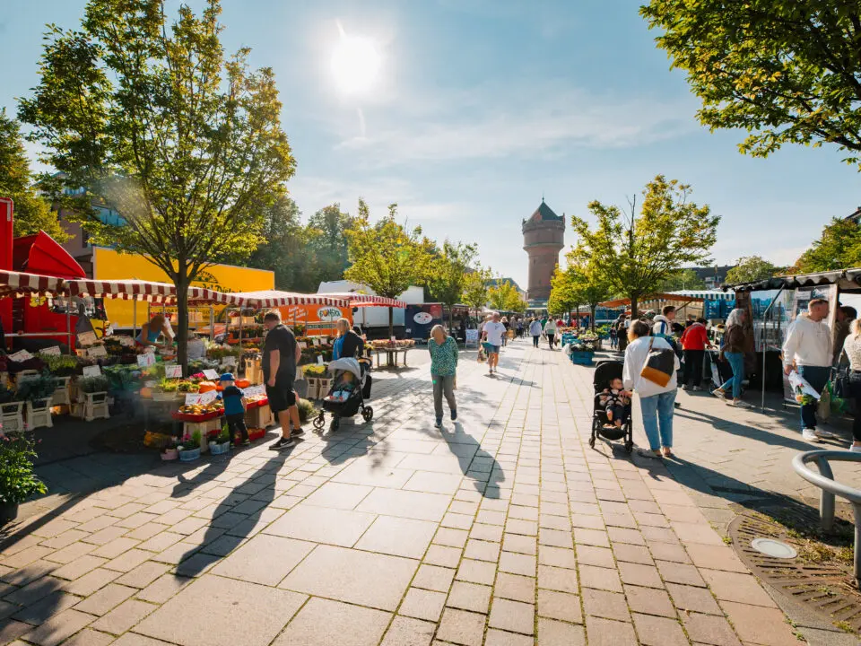 Ein belebter Markt im Freien an einem sonnigen Tag, mit Menschen, die an bunten Ständen Blumen, Produkte und Waren verkaufen. Bäume säumen den Gehweg und im Hintergrund ist ein hoher Turm zu sehen.
