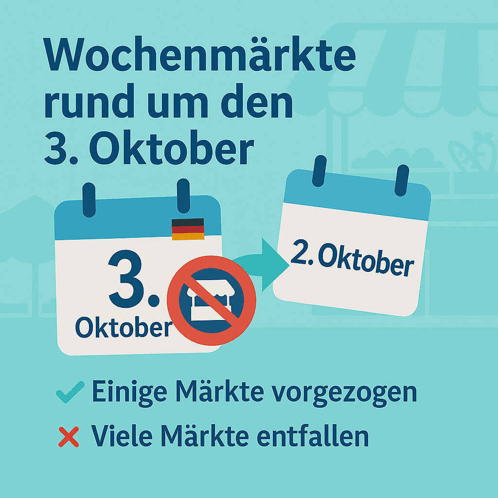 Grafik mit zwei Kalenderseiten: eine zeigt den 3. Oktober mit einer deutschen Flagge und einem durchgestrichenen Symbol, die andere den 2. Oktober mit einem Pfeil, der von einem zum anderen zeigt. Der Text erklärt, dass einige Märkte verschoben oder abgesagt werden.
