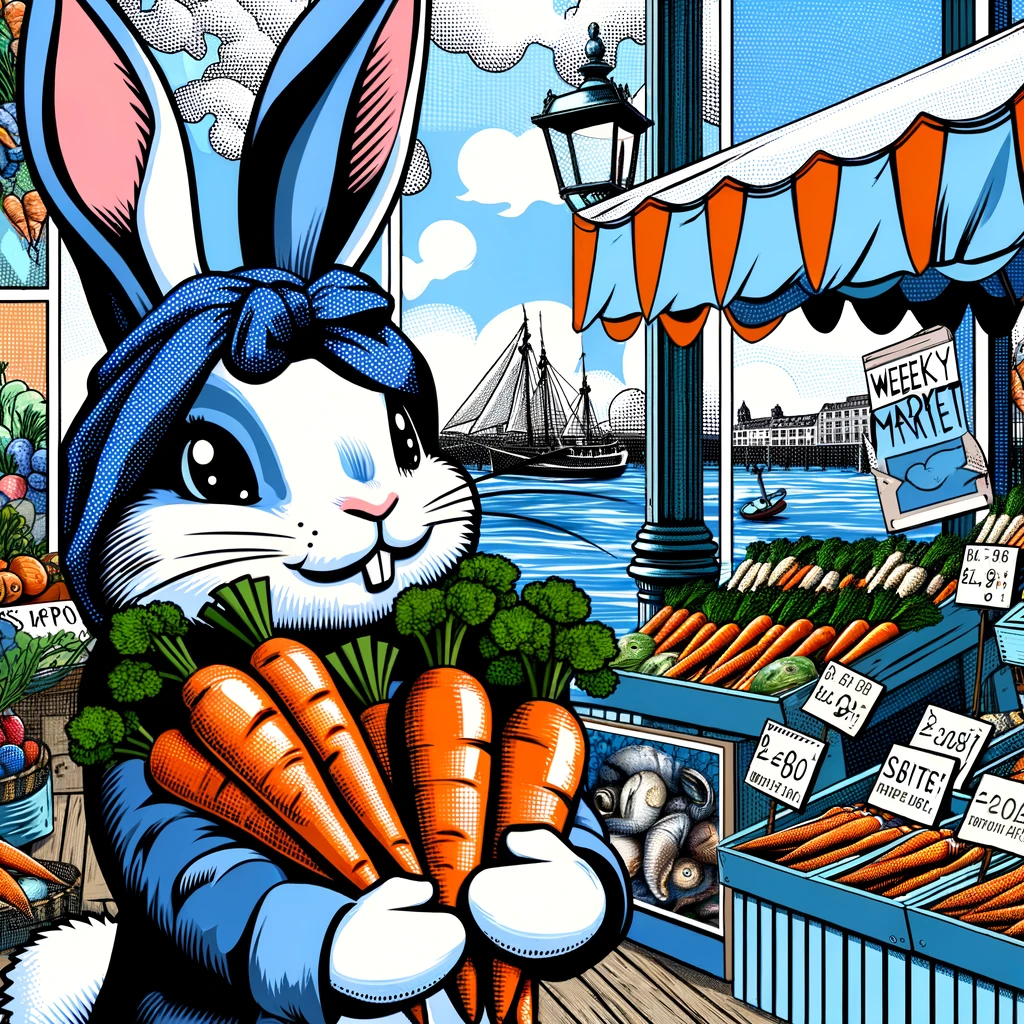 DALL·E-2024-03-19-13.31.09-Reimagine-the-comic-style-picture-in-pop-art-style-featuring-the-rabbit-holding-carrots-now-with-a-maritime-themed-weekly-market-background.-The-pop
