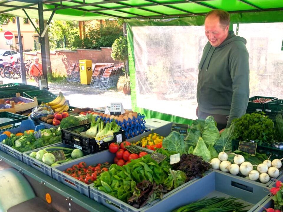 Ein lächelnder Verkäufer steht hinter einem Marktstand mit frischem Gemüse und Obst, darunter Salat, Tomaten, Bananen, Kräuter und Wurzelgemüse, die in Schalen unter einem grünen Baldachin ausgestellt sind.