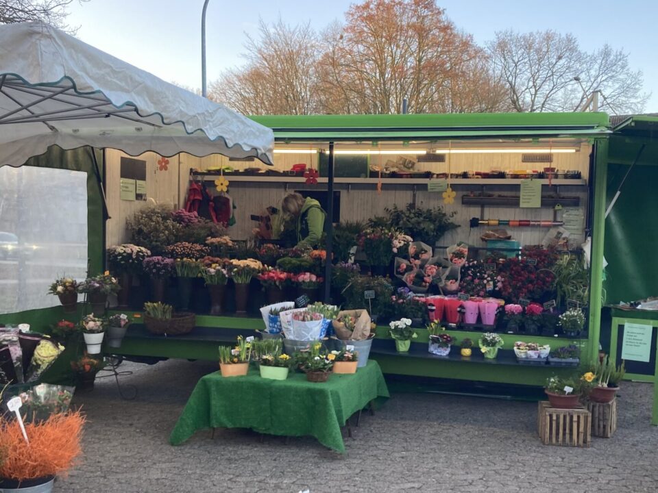 Ein Blumenmarktstand im Freien bietet bunte Blumen und Topfpflanzen an. Der Stand hat grüne Abdeckungen, ein Vordach und verschiedene Arrangements auf Tischen und Kisten. Im Hintergrund sind Bäume und Gebäude zu sehen.