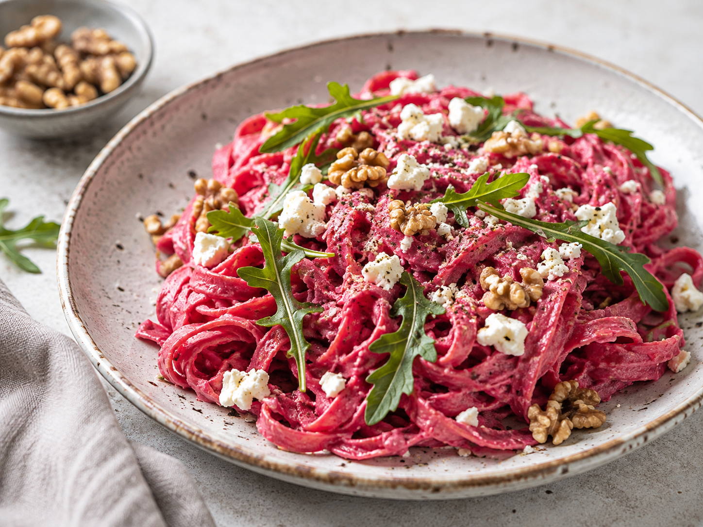 Ein Teller mit rosa gefärbter Pasta