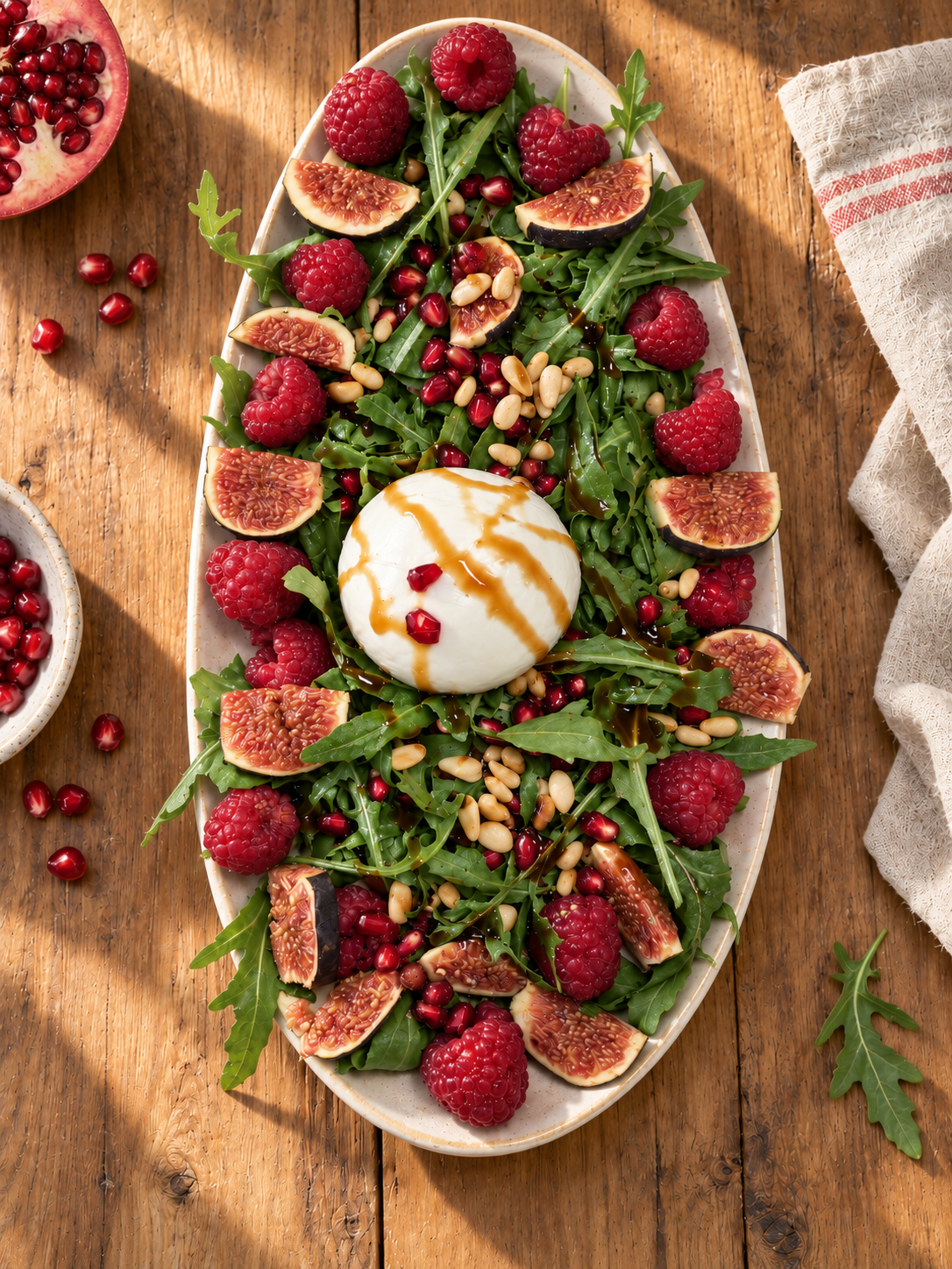Rucola-Salat mit Feigen, Himbeeren, Granatapfelkernen und Burrata auf einer großen Platte angerichtet.