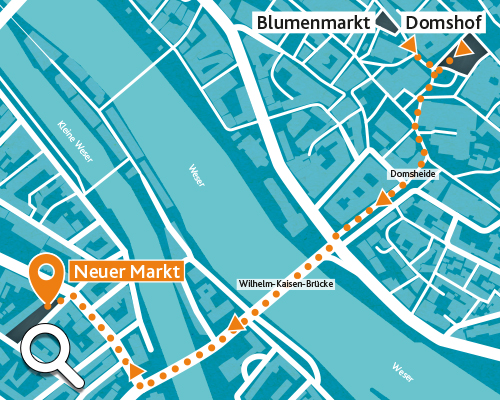 Ein vereinfachter Stadtplan, auf dem eine gepunktete Wanderroute vom Domshof zum Neuen Markt eingezeichnet ist, die am Blumenmarkt vorbeiführt und über die Wilhelm-Kaiser-Brücke über die Weser führt.